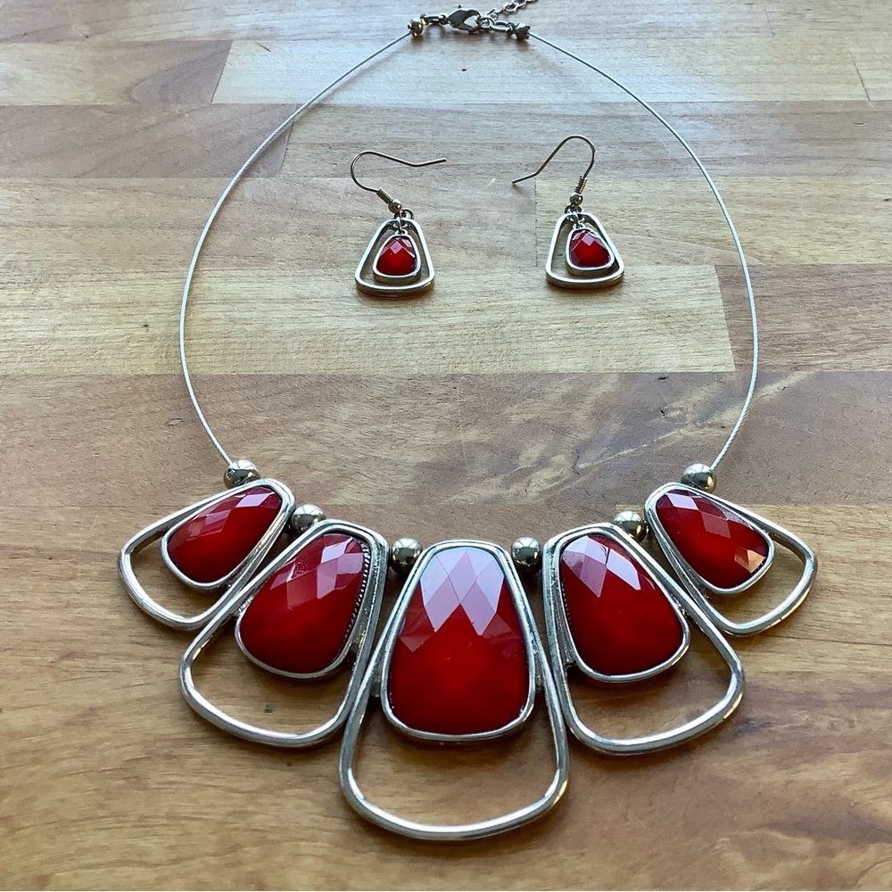 Red and Silver Costume Necklace Earring Set